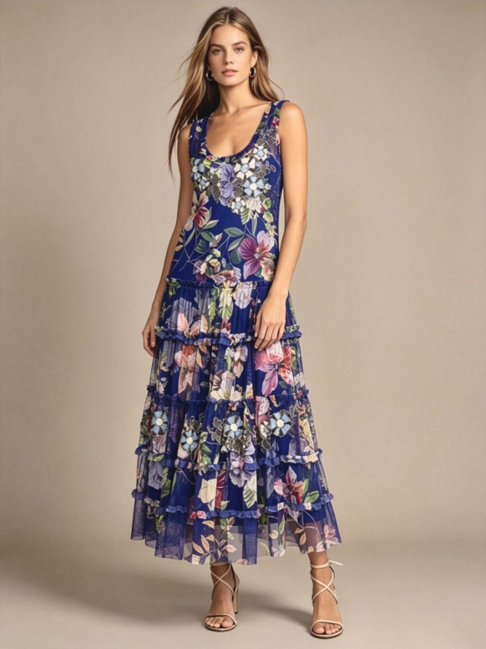 $490 NWOT Johnny Was Biya Mazzini Sheer Mesh Tiered Dress Embroidered Beaded XS